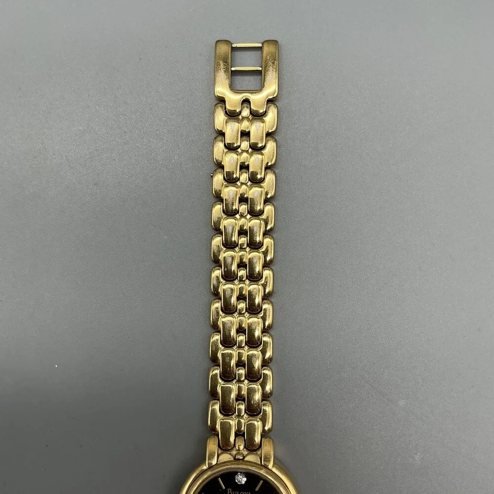 Bulova Womens Watch 24mm Black Dial Gold Tone Bracelet Diamond New Battery 6.75